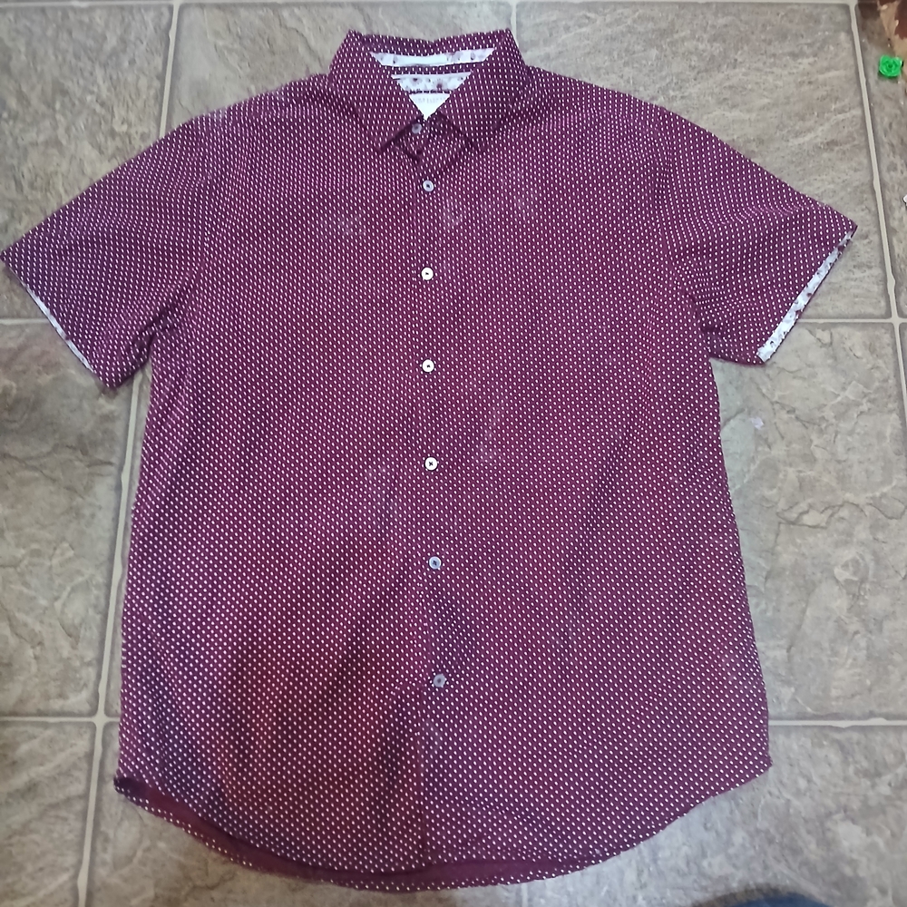 Denim & Flower Men's Short-Sleeve Burgundy Dot Button-Down Shirt Sz Med